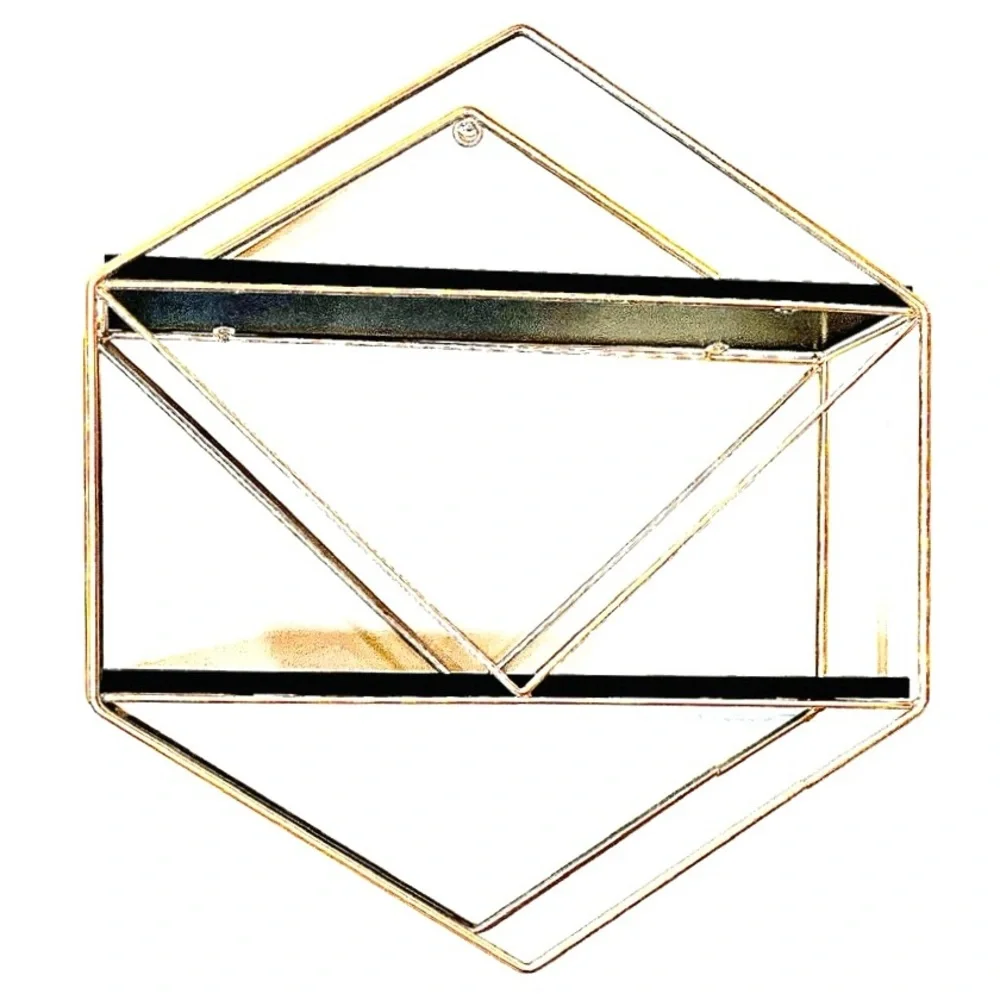 Diamond Hexagon Shaped Brass Floating Wall Shelf